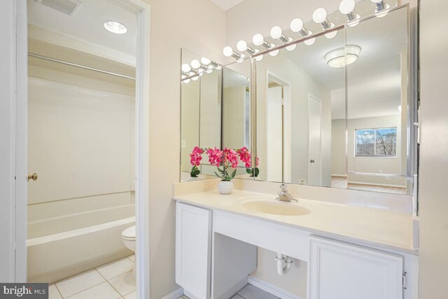 full bathroom with visible vents, toilet, tile patterned flooring, vanity, and shower / washtub combination