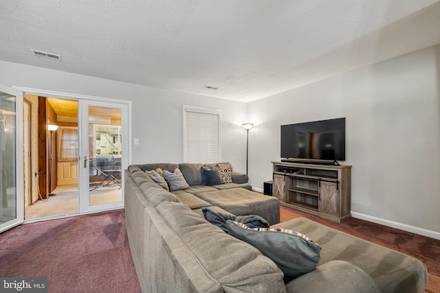 living room with carpet and a textured ceiling