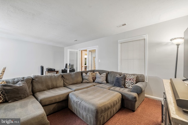 carpeted living room with a textured ceiling