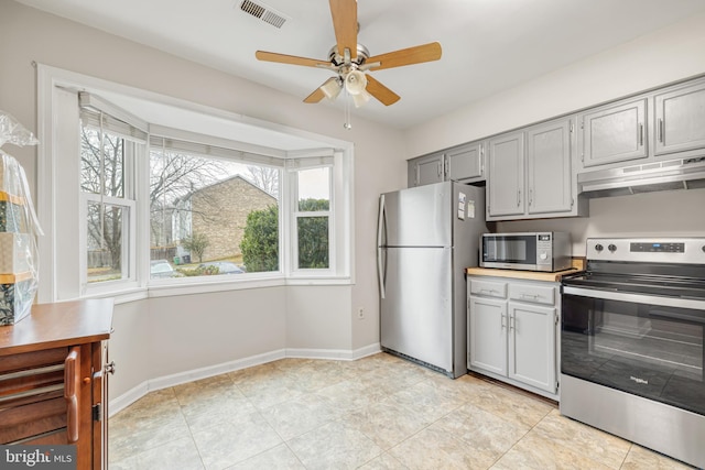 kitchen with ceiling fan, stainless steel appliances, and gray cabinets