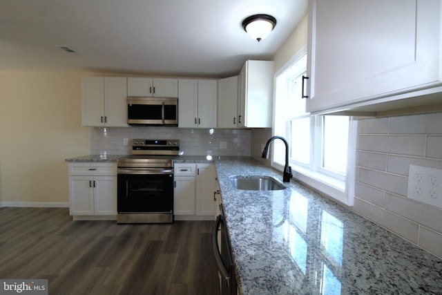 kitchen with backsplash, stainless steel appliances, sink, dark hardwood / wood-style floors, and white cabinetry