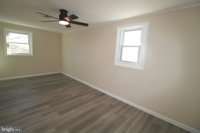 spare room with ceiling fan, ornamental molding, and dark wood-type flooring