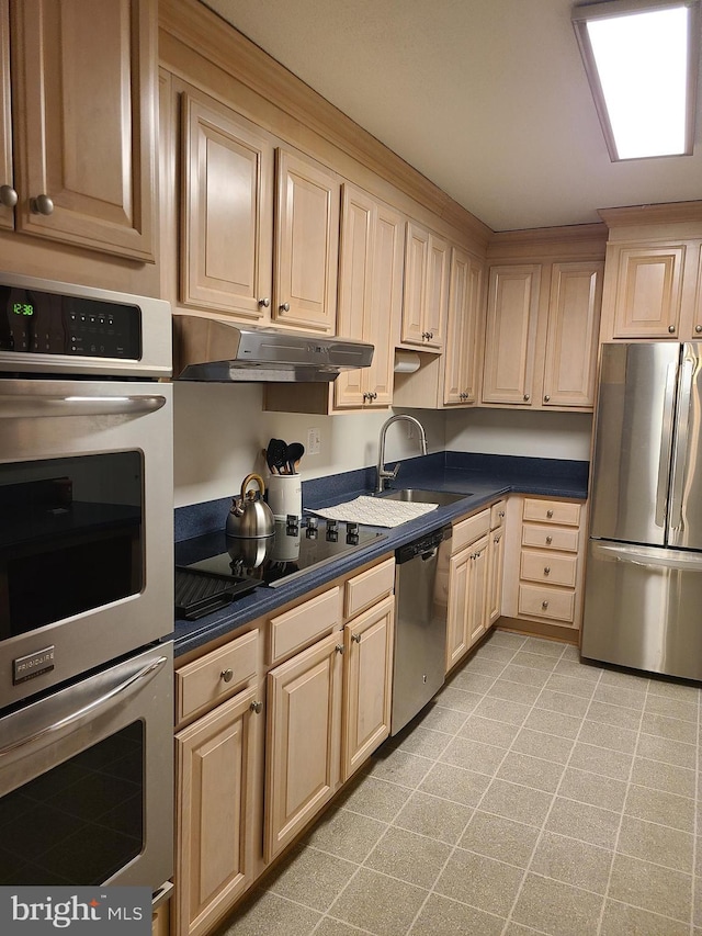 kitchen with light brown cabinetry, stainless steel appliances, and sink