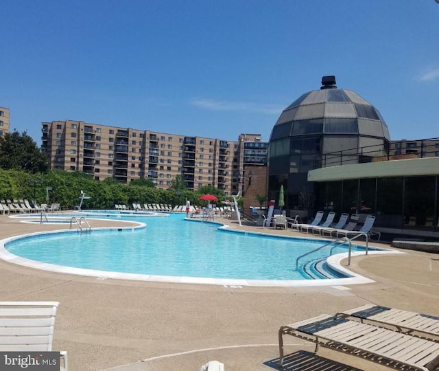 view of swimming pool featuring a patio