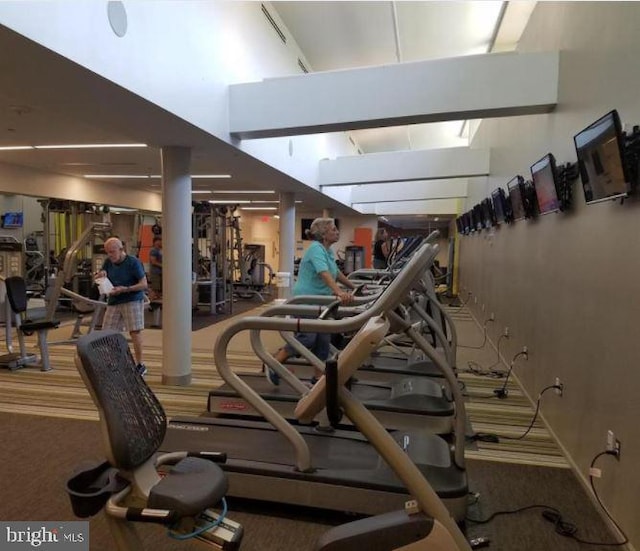 gym featuring carpet flooring and a towering ceiling