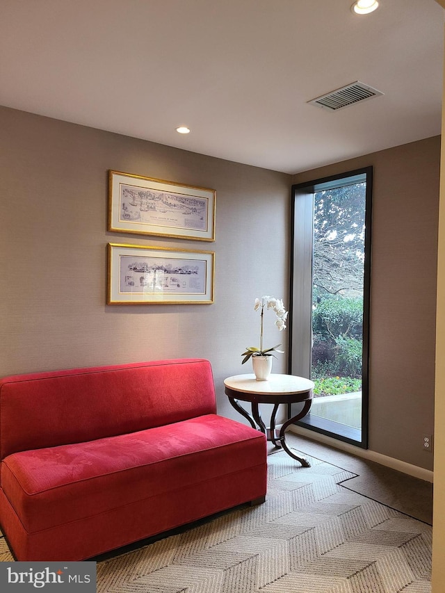 sitting room featuring carpet floors