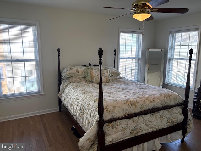 bedroom with ceiling fan, dark hardwood / wood-style flooring, and multiple windows