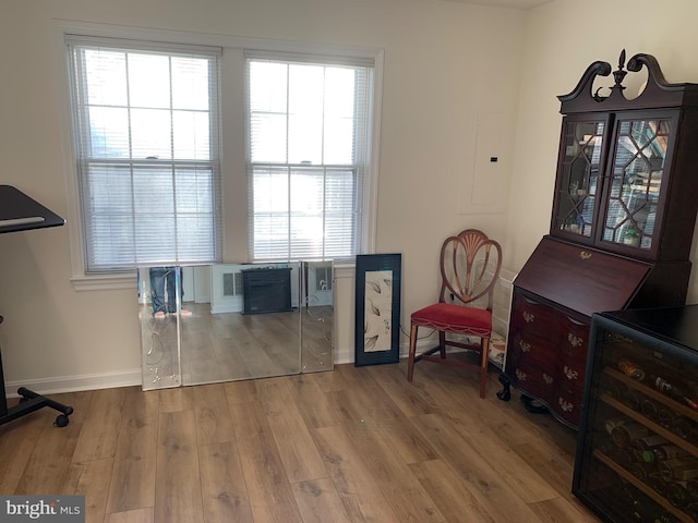 home office with electric panel and wood-type flooring