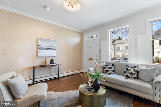 living room with a baseboard heating unit, dark hardwood / wood-style flooring, and crown molding