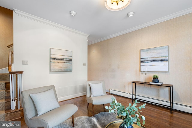 living area with a baseboard radiator, dark hardwood / wood-style flooring, and ornamental molding