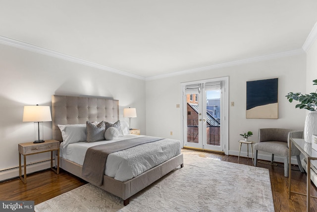 bedroom with crown molding, baseboard heating, access to exterior, and dark hardwood / wood-style flooring