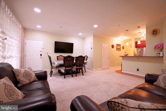 carpeted living room featuring crown molding