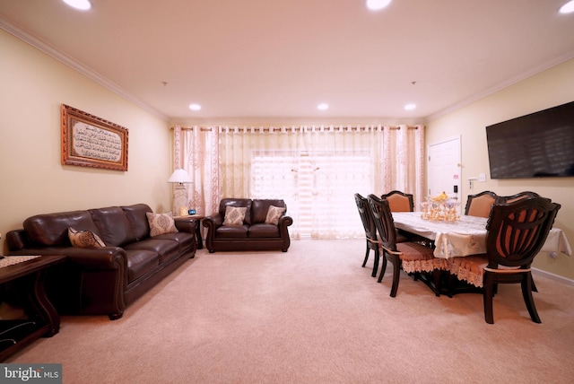 living room with light carpet and crown molding