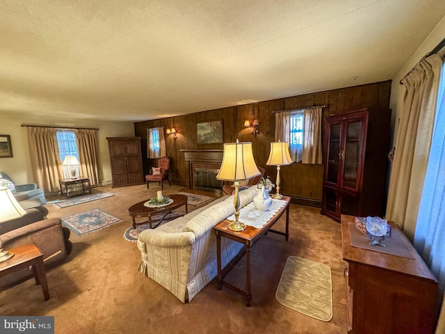 carpeted living room featuring a textured ceiling, a wealth of natural light, and wood walls