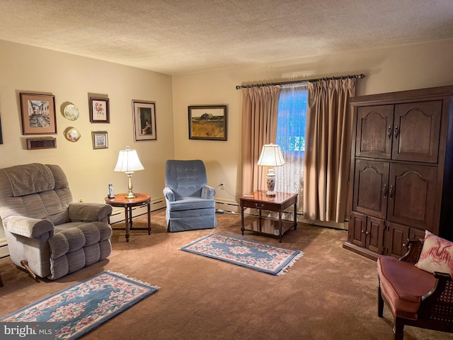 sitting room with carpet flooring, a textured ceiling, and a baseboard heating unit