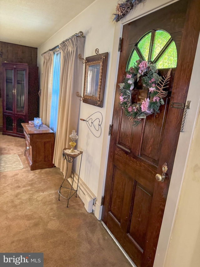 foyer with carpet flooring and a textured ceiling