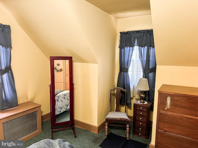 living area with dark carpet, radiator, and vaulted ceiling