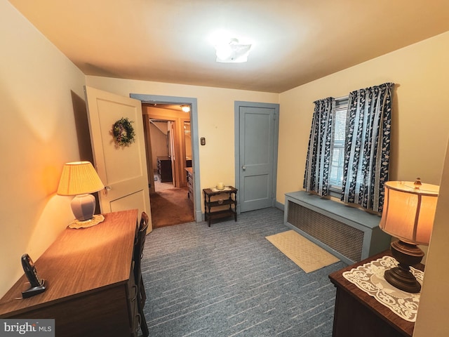 carpeted bedroom featuring radiator heating unit