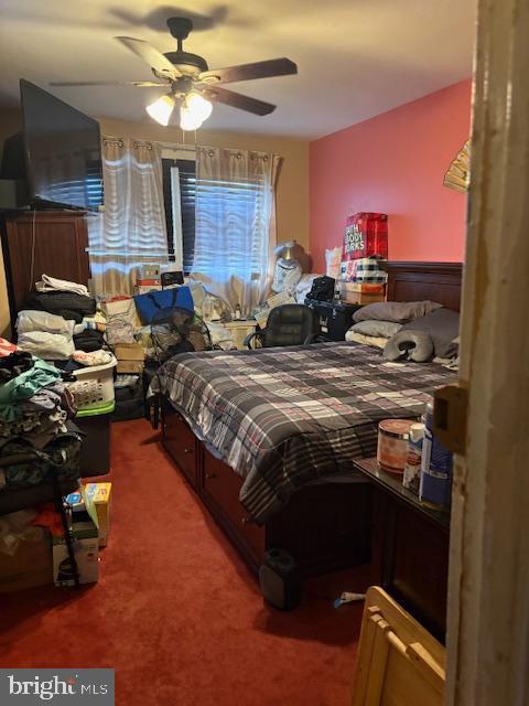 bedroom featuring ceiling fan and carpet