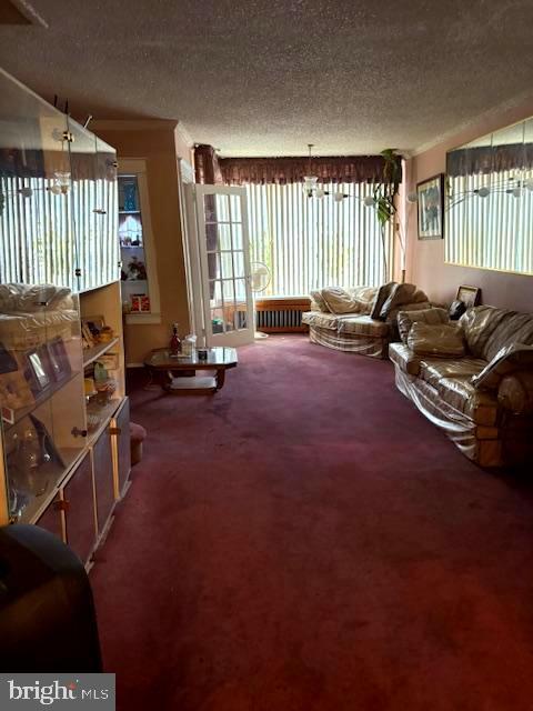 carpeted living room featuring radiator heating unit and a textured ceiling