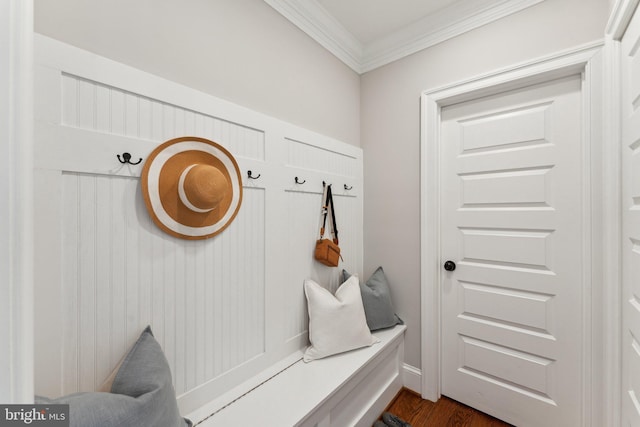 mudroom with dark hardwood / wood-style floors and crown molding