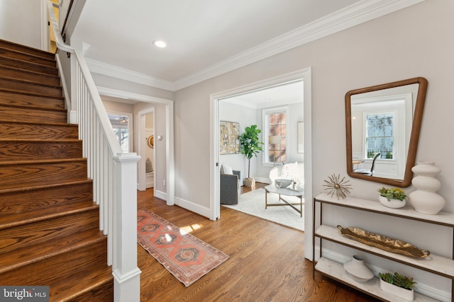 entrance foyer with hardwood / wood-style floors, plenty of natural light, and crown molding