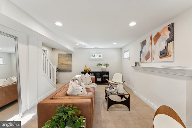 living room featuring light colored carpet