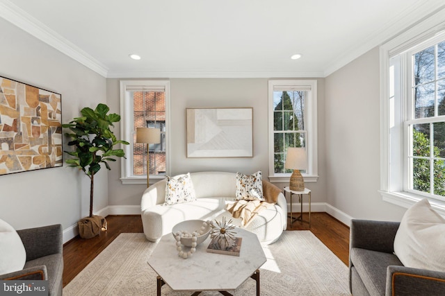 living room featuring crown molding, hardwood / wood-style floors, and a healthy amount of sunlight