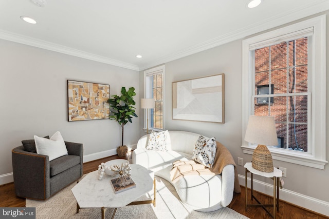 living room featuring wood-type flooring and ornamental molding