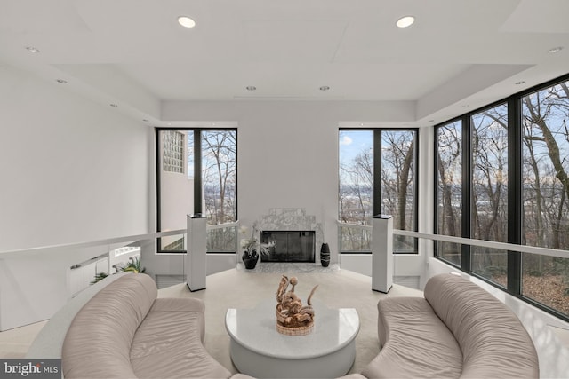 living room with a premium fireplace