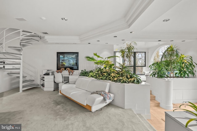 living room featuring a tray ceiling and light hardwood / wood-style flooring