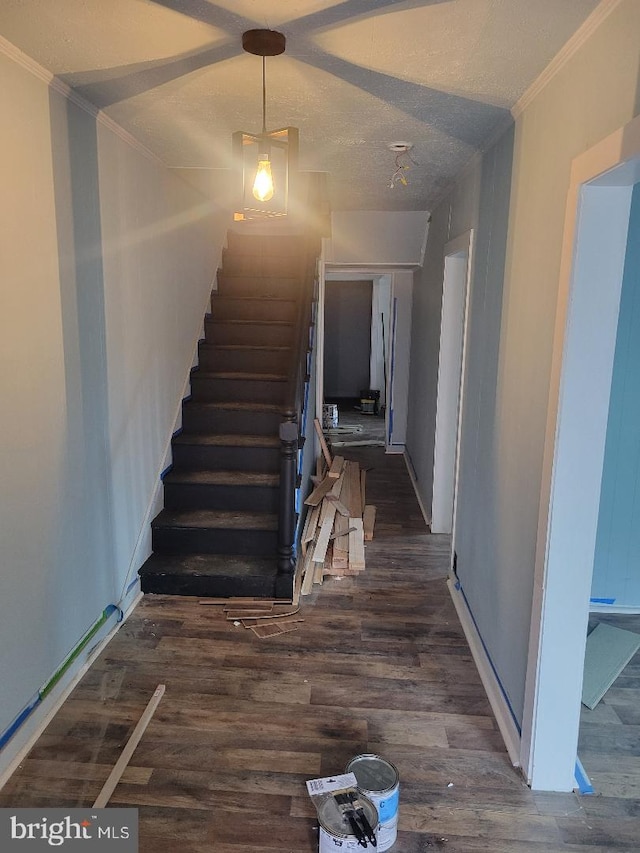 stairway featuring hardwood / wood-style floors, a textured ceiling, and ornamental molding