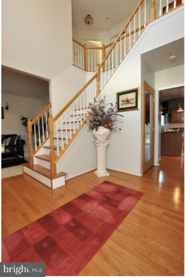 foyer with hardwood / wood-style floors and a towering ceiling