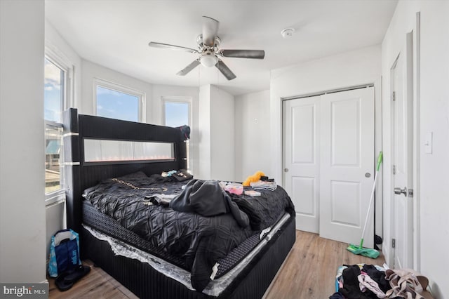 bedroom featuring a closet, ceiling fan, and light hardwood / wood-style flooring