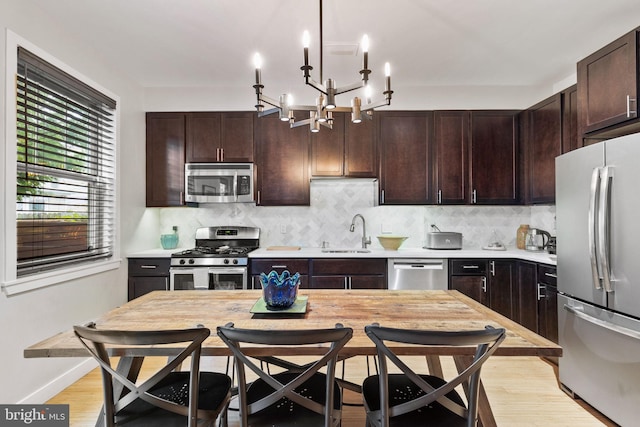 kitchen featuring sink, stainless steel appliances, light hardwood / wood-style flooring, decorative backsplash, and dark brown cabinets