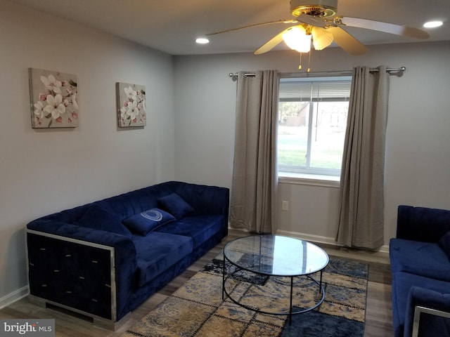 living room featuring ceiling fan and hardwood / wood-style floors