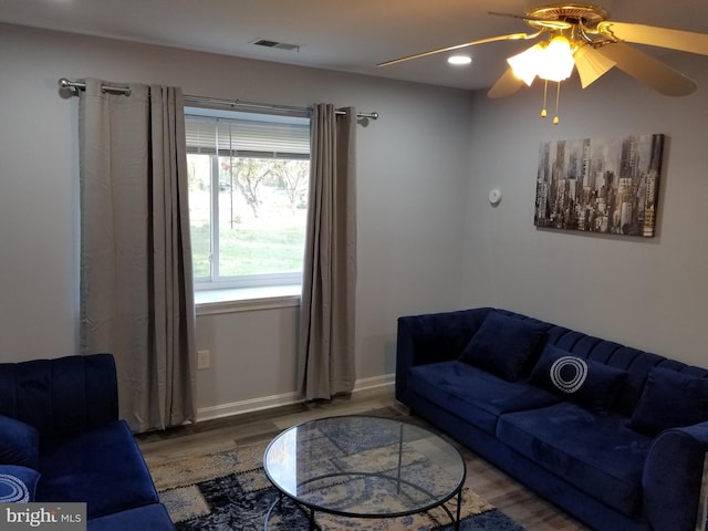 living room with ceiling fan and wood-type flooring