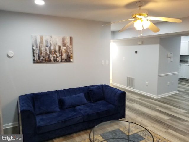 living room with ceiling fan and wood-type flooring