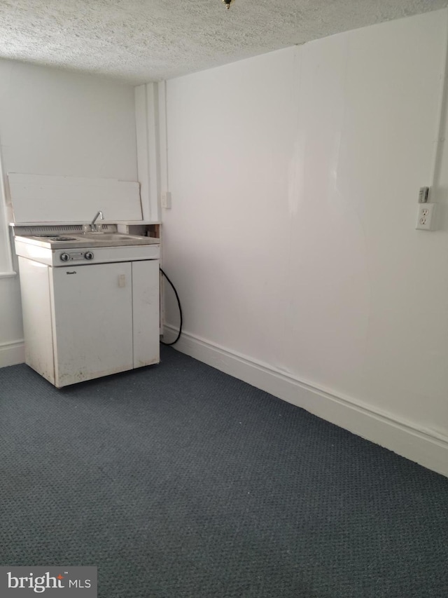 clothes washing area featuring a textured ceiling, dark carpet, and sink