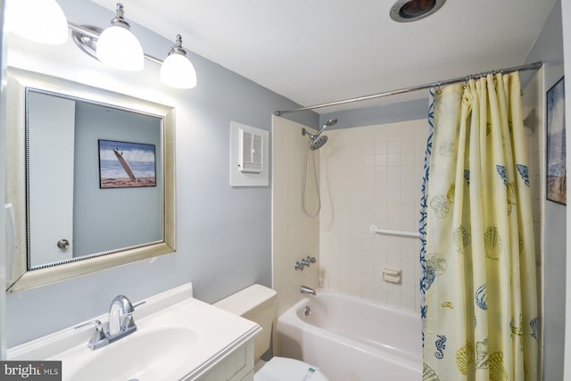 full bathroom featuring vanity, shower / bath combo, and toilet