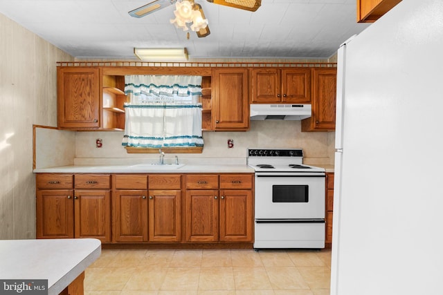 kitchen with ceiling fan, decorative backsplash, electric stove, and sink