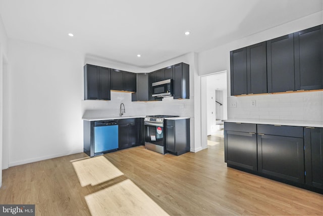 kitchen with decorative backsplash, sink, light wood-type flooring, and appliances with stainless steel finishes