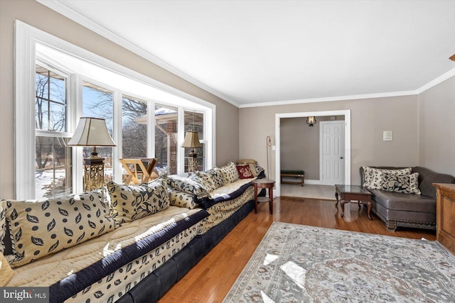 living room featuring wood-type flooring and ornamental molding