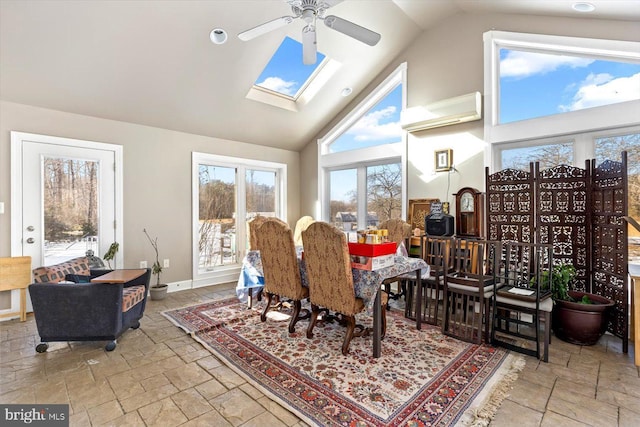 dining room with ceiling fan, high vaulted ceiling, and a skylight