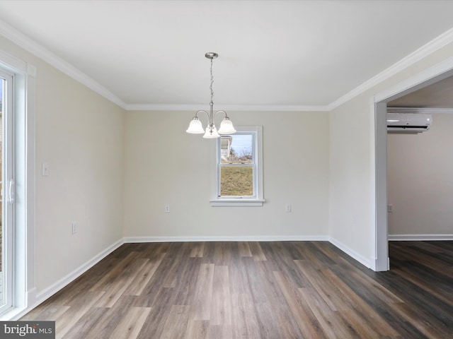 unfurnished dining area with crown molding, dark wood-type flooring, and a wall mounted AC