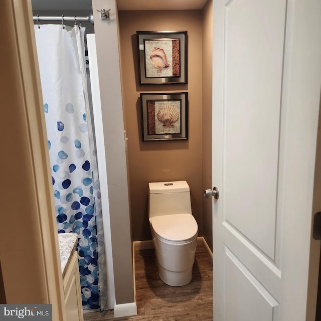 bathroom with hardwood / wood-style floors, vanity, and toilet