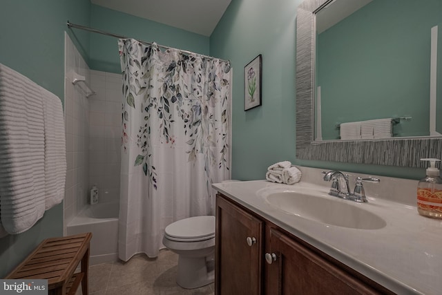 full bathroom with tile patterned flooring, vanity, toilet, and shower / bath combo with shower curtain