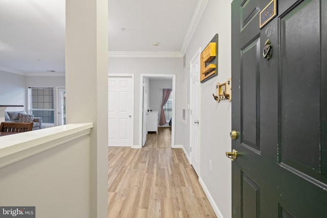 hallway with light hardwood / wood-style flooring and ornamental molding