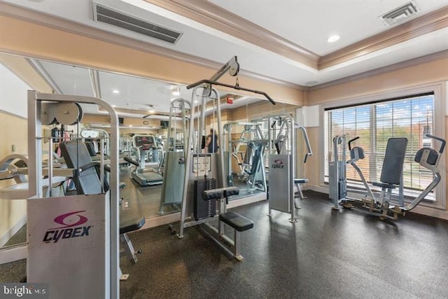 exercise room featuring ornamental molding and a tray ceiling