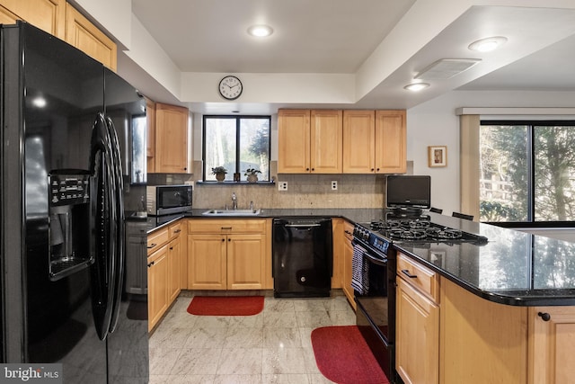 kitchen with black appliances, decorative backsplash, sink, and a wealth of natural light